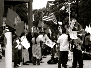 A mob of Laotians outside of the United Nations protesting government hostility. 