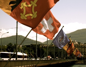 These are the flags of Geneva, Switzerland, and the Borough in which Geneva is situated. The span across the Mont Blanc bridge.